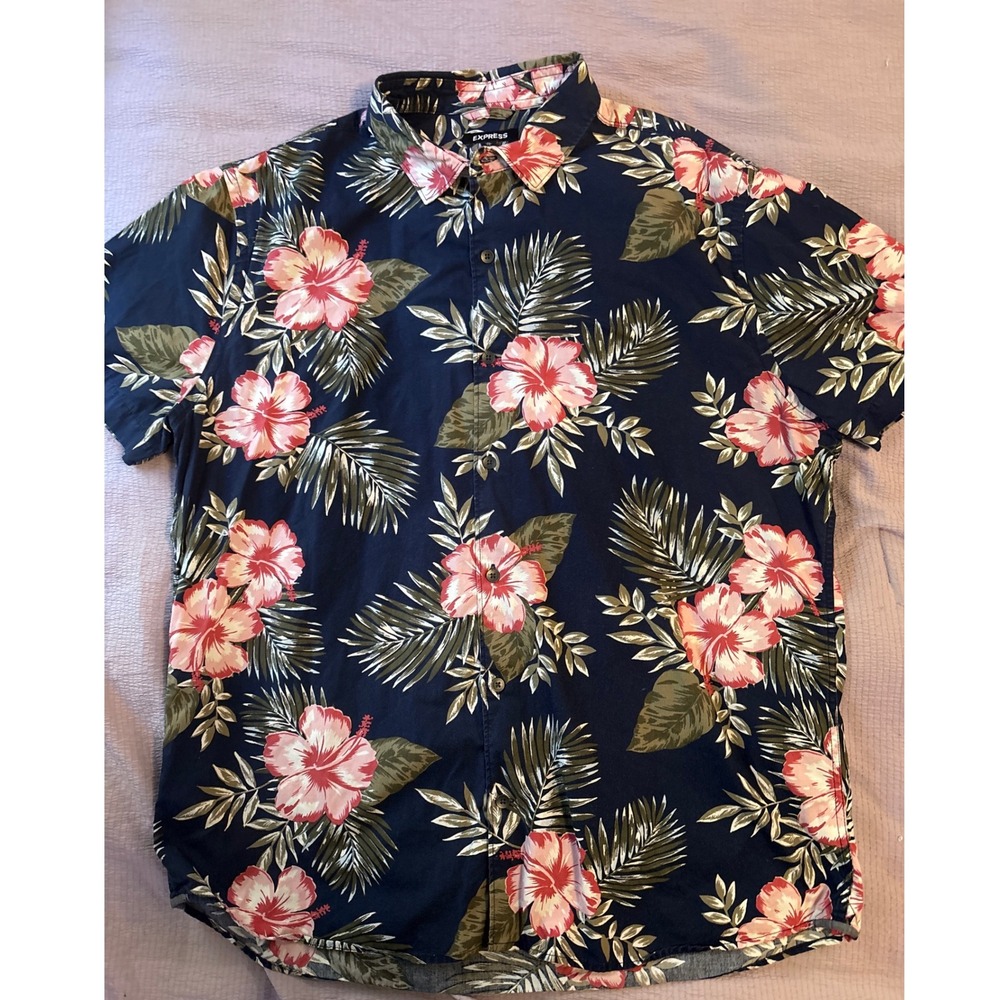 Express Men's‎ Tropical Hibiscus Flower Short Sleeve Button Up Shirt, XL